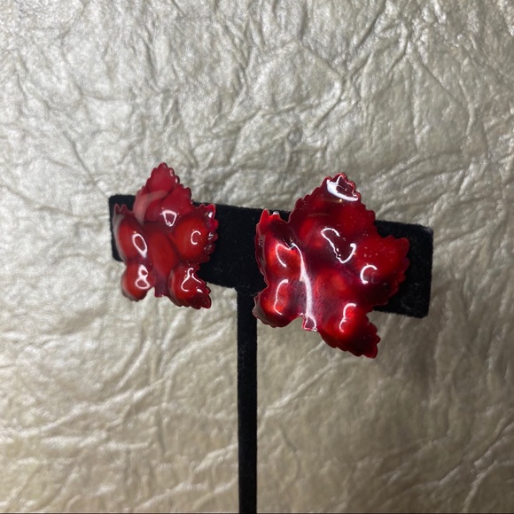 Vintage W. Germany Red Leaf Clip On Earrings - Picture 2 of 7